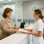 Patiente déposant ses documents à l'accueil d'un centre de radiologie privé sans ordonnance
