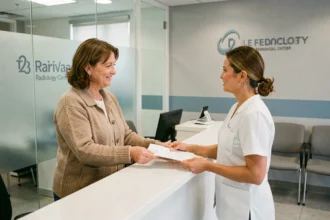 Patiente déposant ses documents à l'accueil d'un centre de radiologie privé sans ordonnance