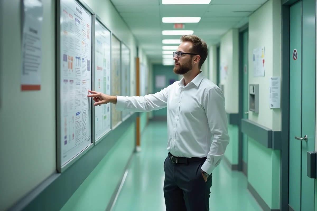 Administrateur hospitalier analysant un organigramme réglementaire dans un couloir d'établissement de santé français