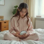Adolescente assise sur son lit inspectant sa peau avec une petite attention, illustrant l'inquiétude liée aux boutons et poils incarnés dans la zone pubienne