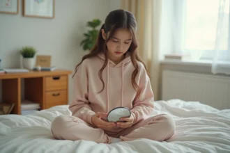 Adolescente assise sur son lit inspectant sa peau avec une petite attention, illustrant l'inquiétude liée aux boutons et poils incarnés dans la zone pubienne