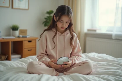 Adolescente assise sur son lit inspectant sa peau avec une petite attention, illustrant l'inquiétude liée aux boutons et poils incarnés dans la zone pubienne