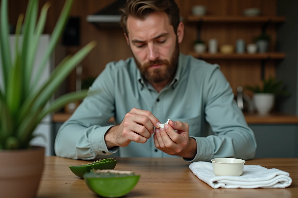 Homme appliquant du gel d'aloe vera sur une brûlure légère au pouce à table