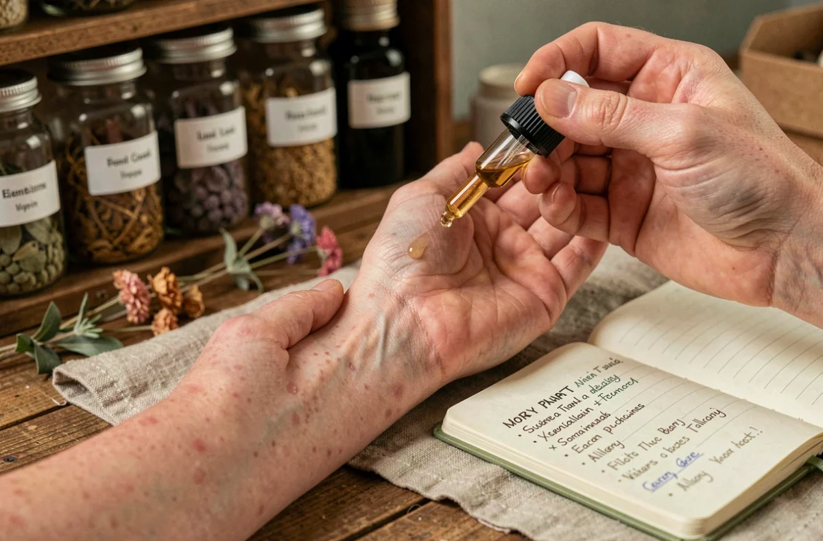 Gros plan de mains à peau réactive appliquant une huile essentielle sur le poignet avec un carnet de notes sur les allergies posé à côté