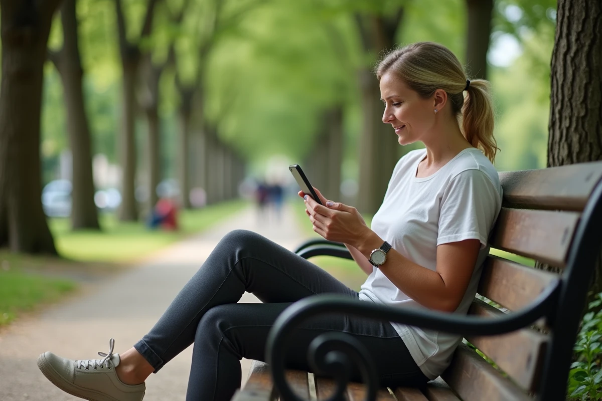 Femme d'une quarantaine d'années assise sur un banc de parc enregistrant ses mesures de flexibilité du genou sur une application de santé pour suivre sa mobilité articulaire