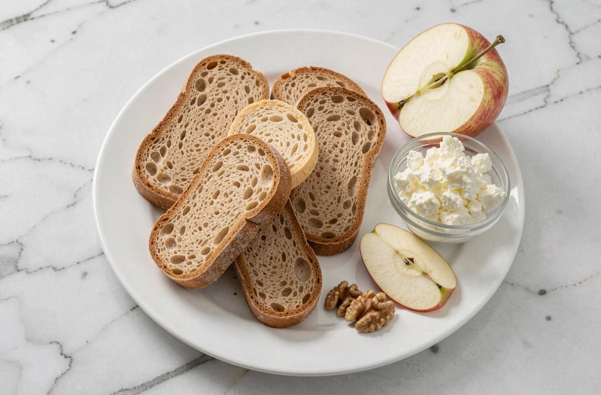 Assiette de biscottes avec fromage blanc, pomme et noix sur marbre blanc, petit-déjeuner régime équilibré