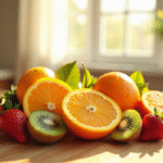 Assortiment de fruits riches en vitamine D sur une table en bois