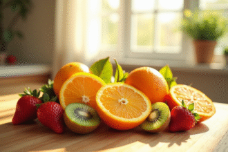 Assortiment de fruits riches en vitamine D sur une table en bois