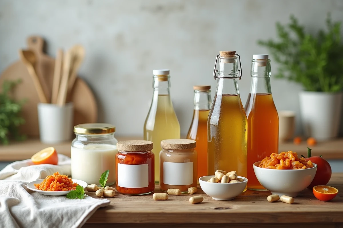 Assortiment de probiotiques naturels et compléments alimentaires sur une table en bois pour booster le système immunitaire