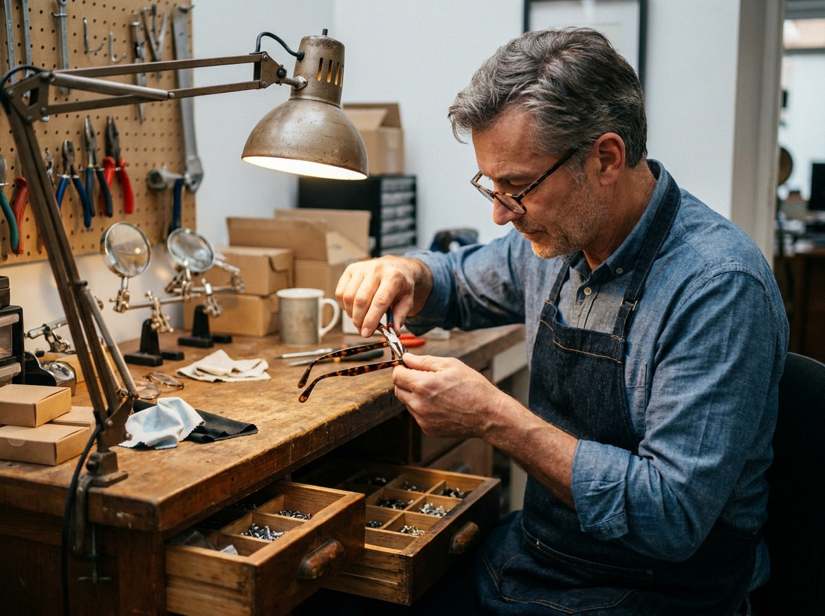 Opticien indépendant travaillant dans son atelier de réparation de lunettes avec des outils de précision sur un établi en bois
