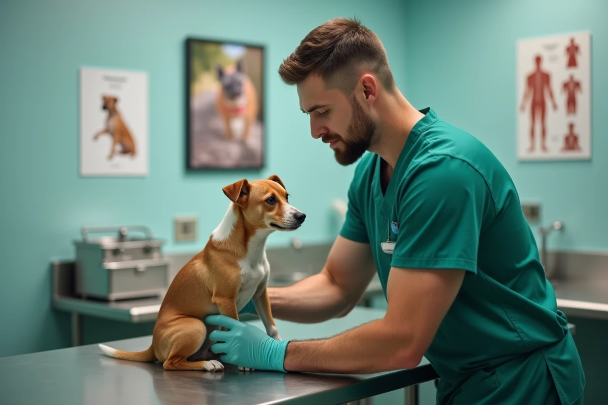 Auxiliaire vétérinaire masculin à temps partiel examinant un chien dans une salle de consultation