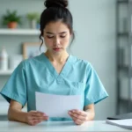 Auxiliaire vétérinaire à temps partiel consultant ses fiches de paie à la réception d'une clinique vétérinaire