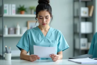 Auxiliaire vétérinaire à temps partiel consultant ses fiches de paie à la réception d'une clinique vétérinaire