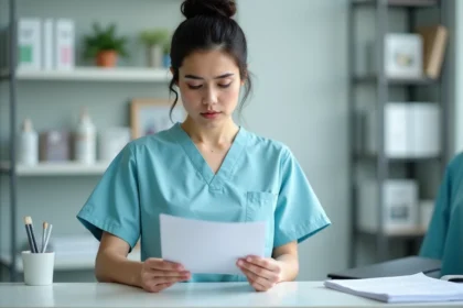 Auxiliaire vétérinaire à temps partiel consultant ses fiches de paie à la réception d'une clinique vétérinaire