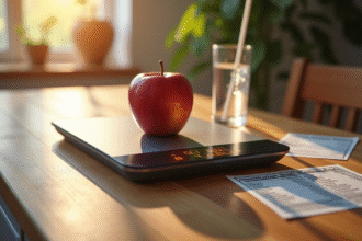 Balance de cuisine avec pomme et affichage nutrition