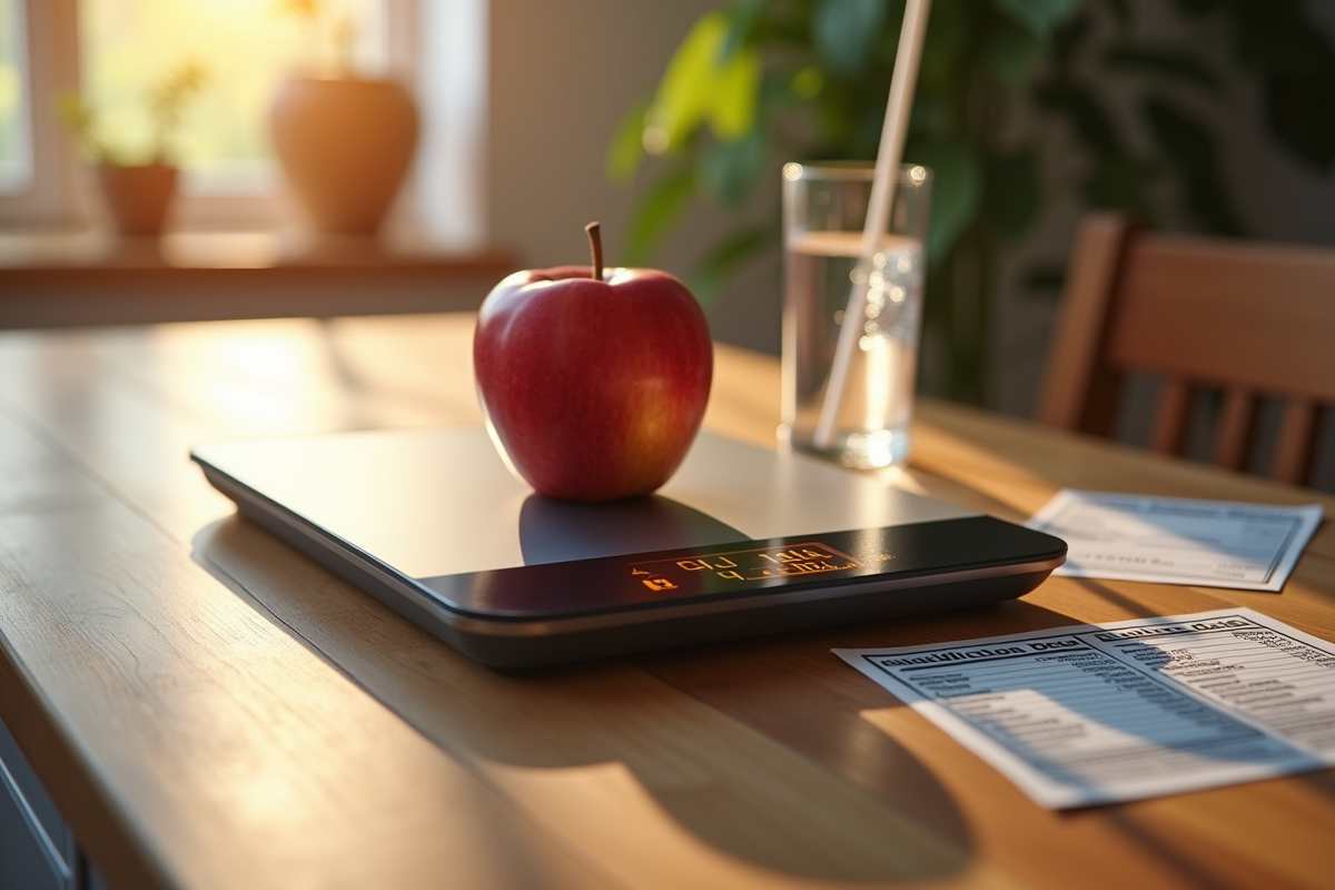 Balance de cuisine avec pomme et affichage nutrition