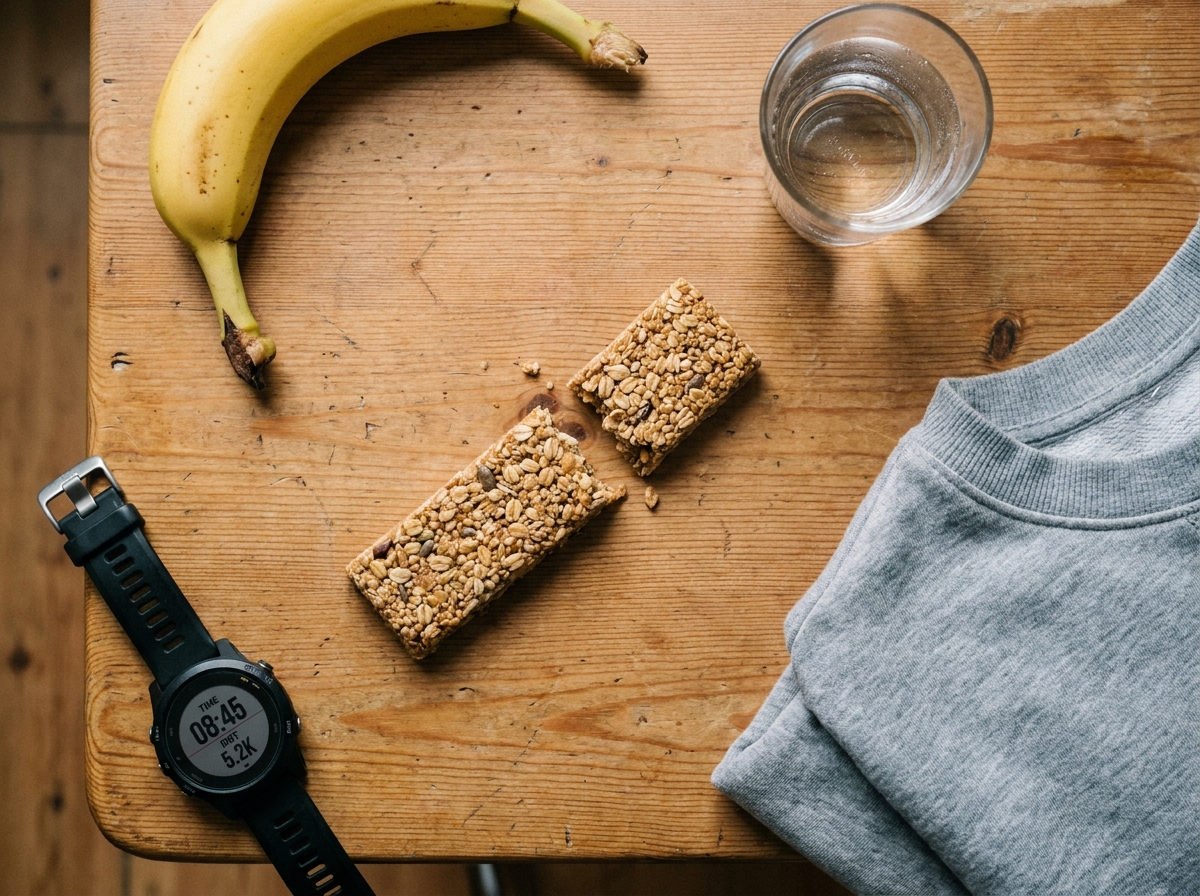 Barre énergétique coupée en deux sur une table en bois avec accessoires sportifs pour illustrer le bon moment de consommation