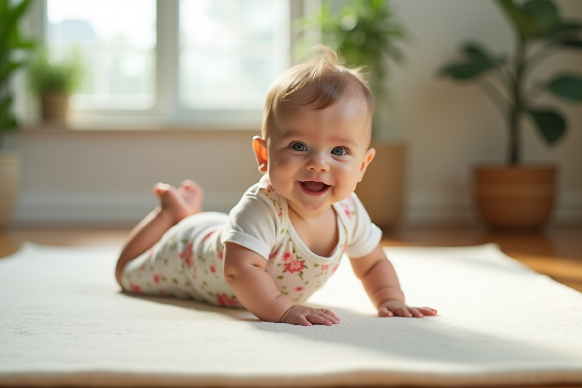 Bebe fille de quatre mois sur un tapis jouant dans une véranda lumineuse