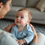 Bebe de trois mois sur les genoux de sa maman dans un salon chaleureux