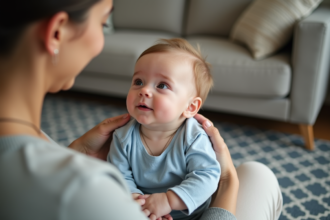 Bebe de trois mois sur les genoux de sa maman dans un salon chaleureux