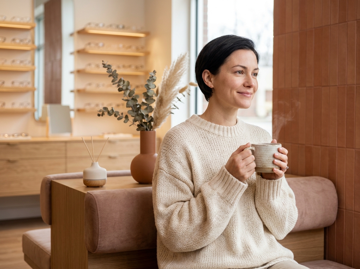 Femme sereine savourant un moment de bien-être dans la salle d'attente d'une boutique d'optique moderne