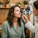 Femme détendue lors d'un bilan de vue dans un cabinet d'optométrie moderne et chaleureux