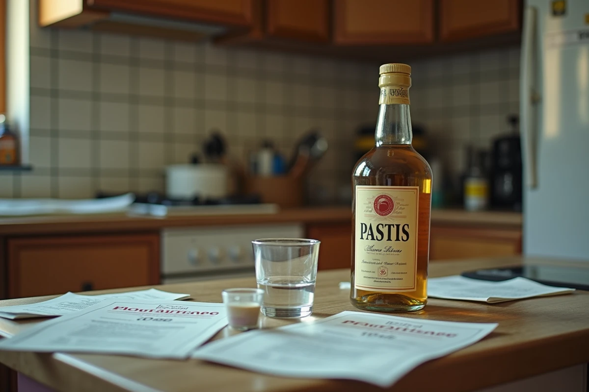 Bouteille de pastis ouverte sur un comptoir de cuisine avec des notices médicales sur les maladies du foie, symbolisant les risques sanitaires liés à la consommation de Ricard