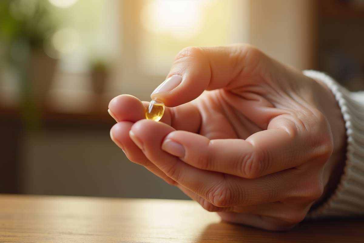 Main senior tenant une capsule de vitamine E en gros plan