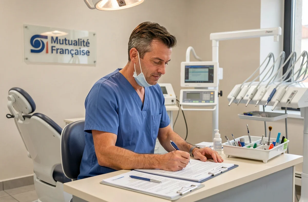 Dentiste du Centre Dentaire Mutualiste de Bellignat consultant un dossier patient dans son cabinet