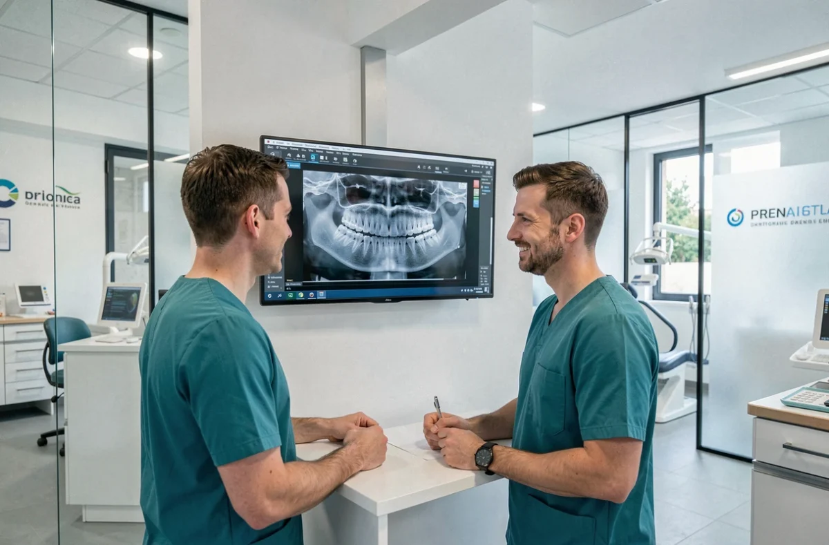 Équipe de professionnels du Centre Dentaire et d'Orthodontie de l'Ain consultant un radiographie numérique