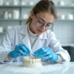 Céramiste dentaire façonnant une couronne en céramique dans un laboratoire professionnel