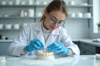 Céramiste dentaire façonnant une couronne en céramique dans un laboratoire professionnel