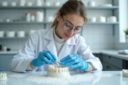 Céramiste dentaire façonnant une couronne en céramique dans un laboratoire professionnel