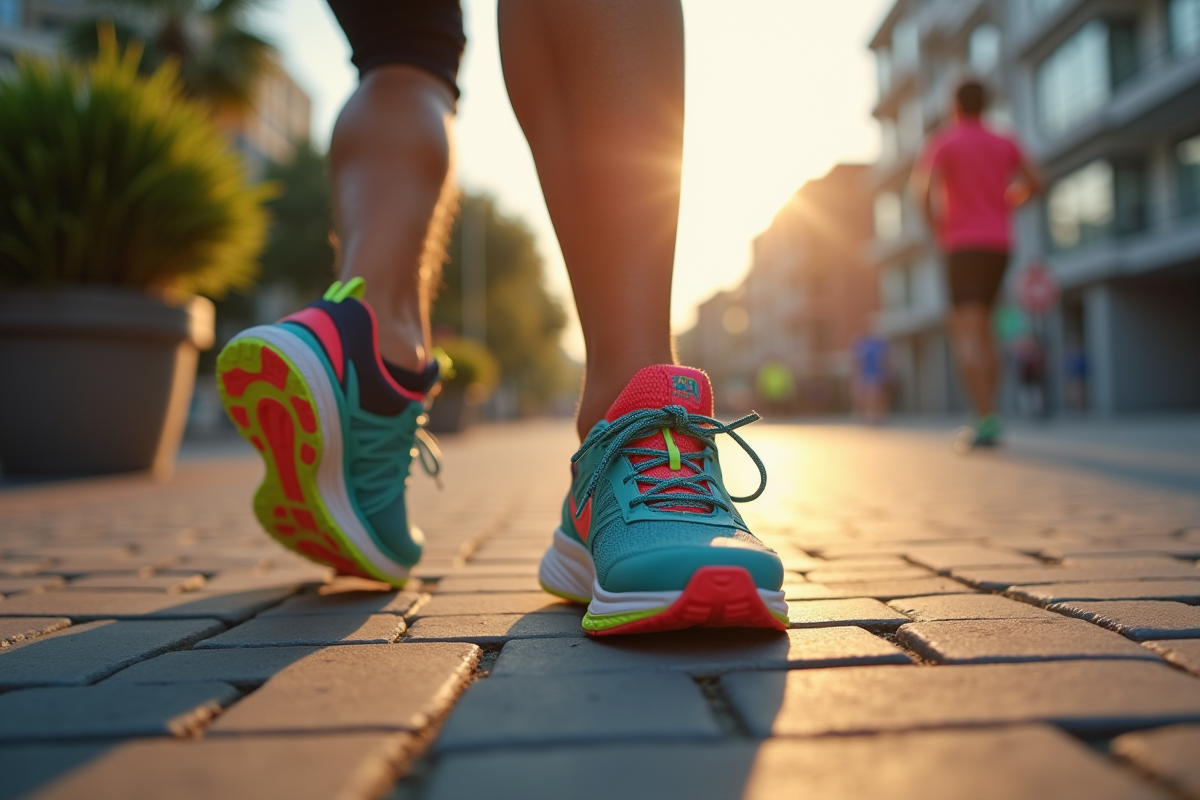 Chaussures de course colorées sur le trottoir urbain avec application de suivi