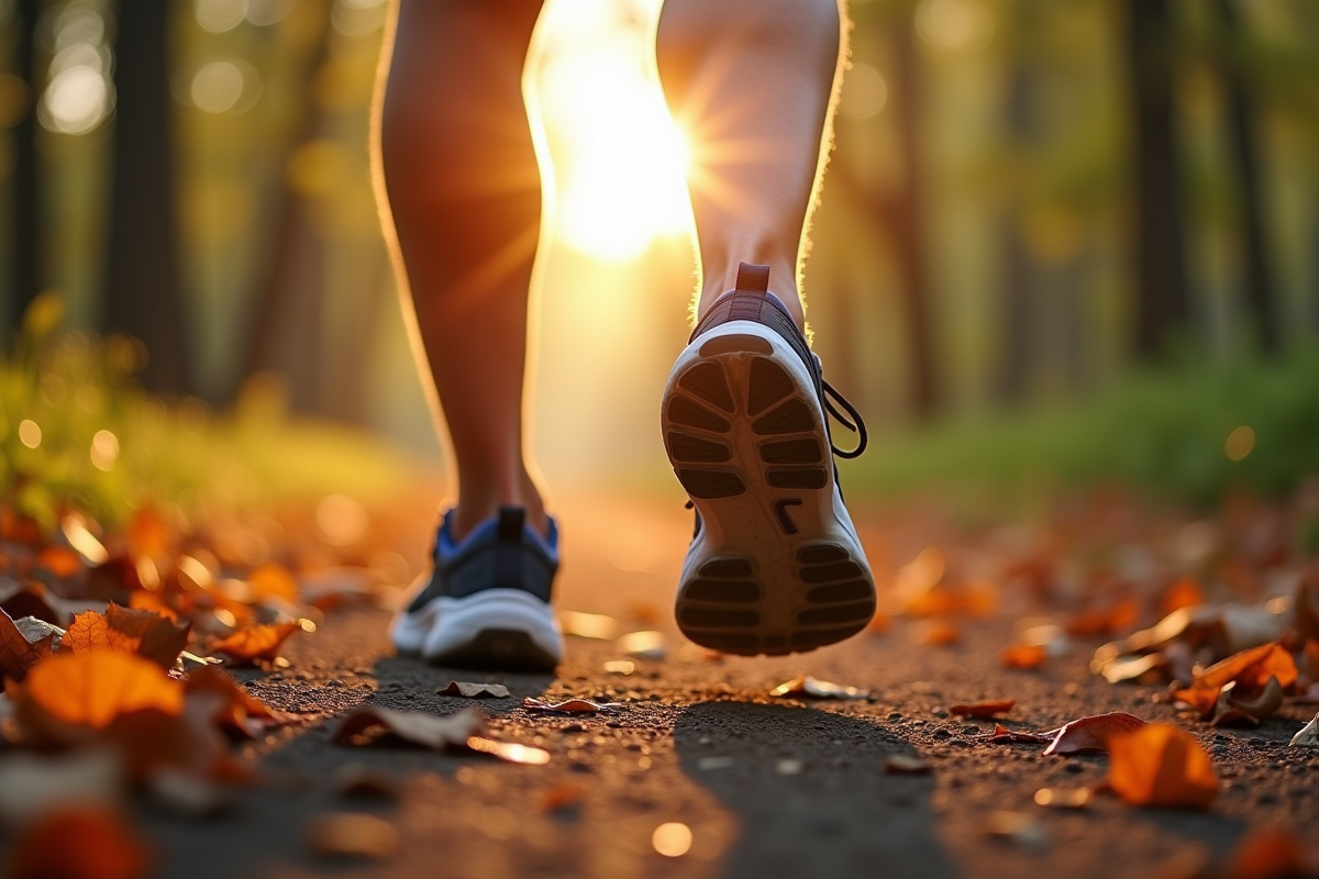 Chaussures de sport sur un sentier en automne avec feuilles