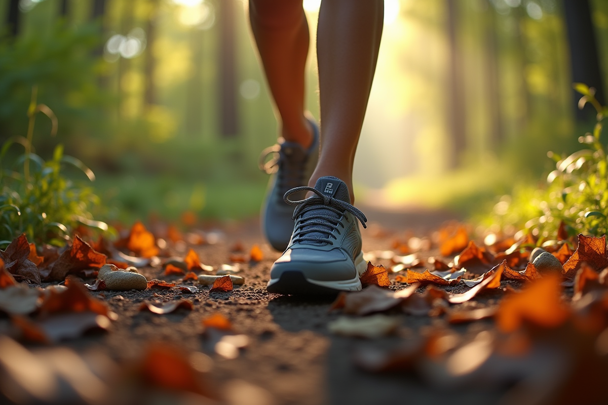 Chaussures confortables sur un sentier forestier au matin