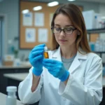 Chercheuse en laboratoire pharmaceutique examinant un flacon de molécule expérimentale, recherche sur une molécule émergente en 2026