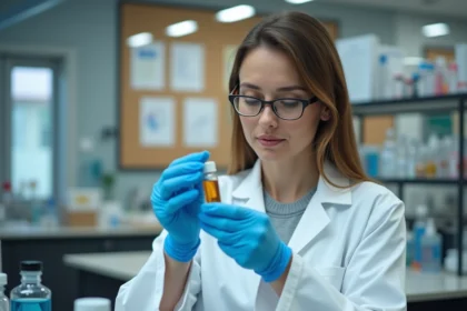 Chercheuse en laboratoire pharmaceutique examinant un flacon de molécule expérimentale, recherche sur une molécule émergente en 2026