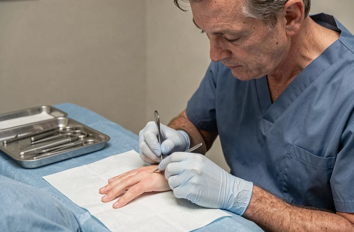 Dermatologue réalisant une procédure chirurgicale sur la matrice de l'ongle en cabinet spécialisé