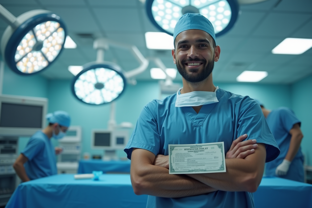 Chirurgien souriant tenant un chèque dans une salle d