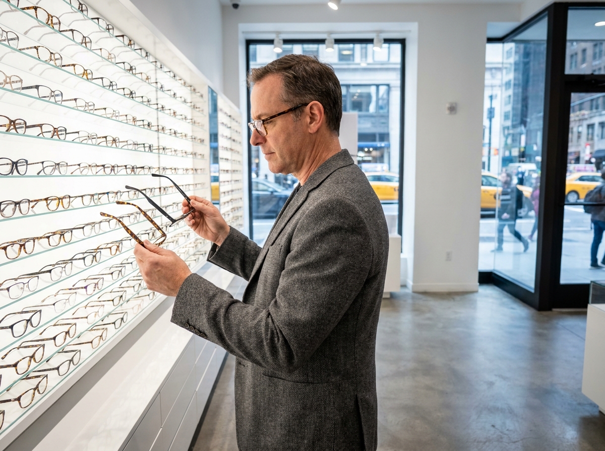 Homme choisissant une paire de lunettes dans une optique moderne devant un grand présentoir de montures