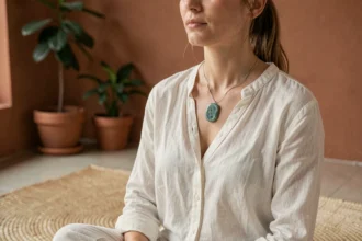 Femme portant un collier amazonite sur la peau au niveau de la clavicule dans un espace de méditation minimaliste