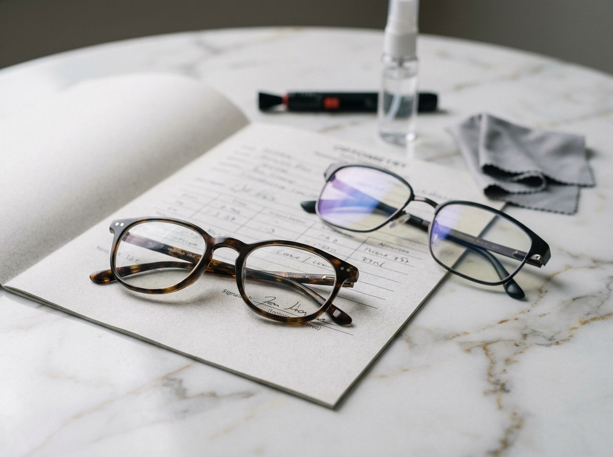 Comparaison de verres de lunettes classiques et anti-lumière bleue posés sur une ordonnance ophtalmologique