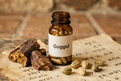 Complément alimentaire ayurvédique Guggul en capsules avec résine séchée et plantes sur surface en bois rustique