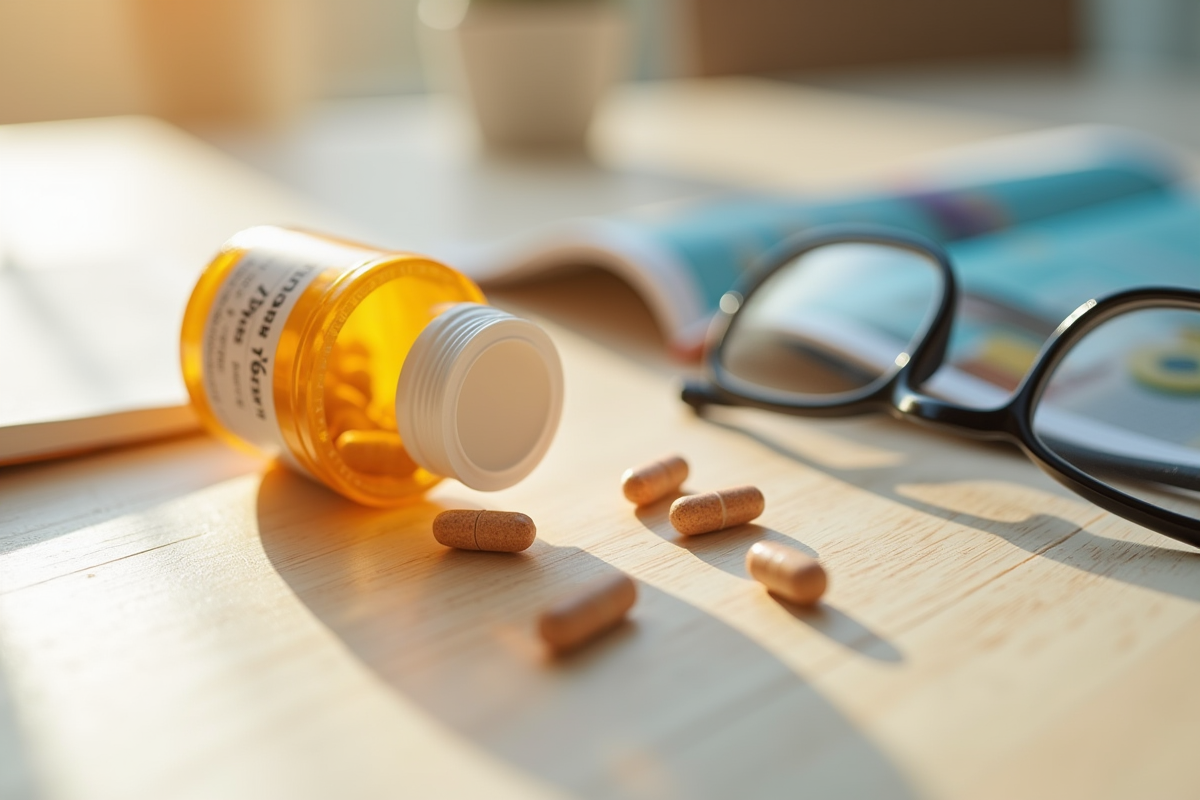 Gros plan sur comprimés de vitamine B12 et lunettes de lecture