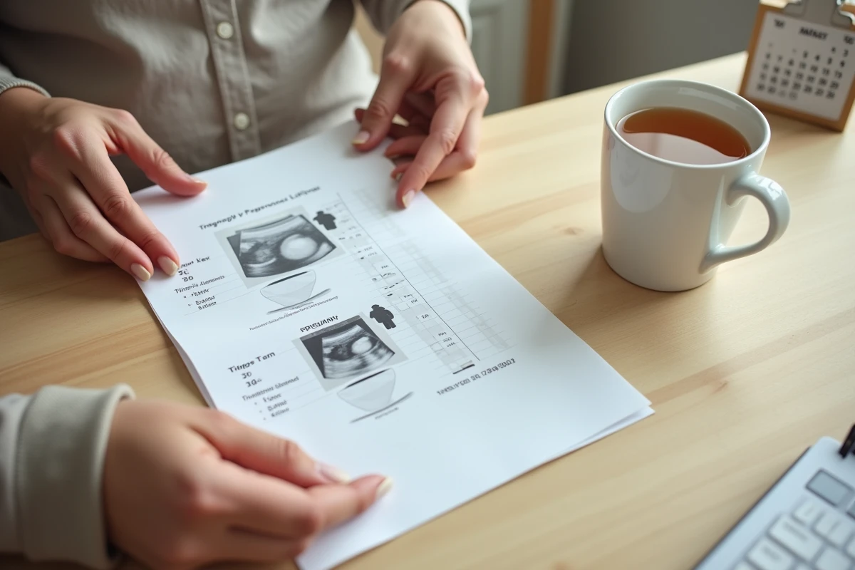 Mains tenant un compte-rendu d'échographie précoce montrant un sac gestationnel à 5 semaines