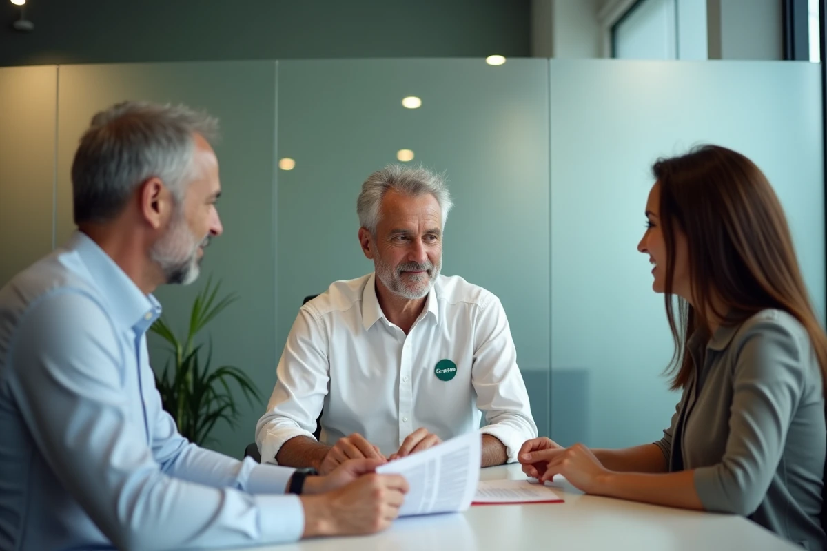 Conseiller Groupama expliquant le fonctionnement de Sévéane à des clients en agence