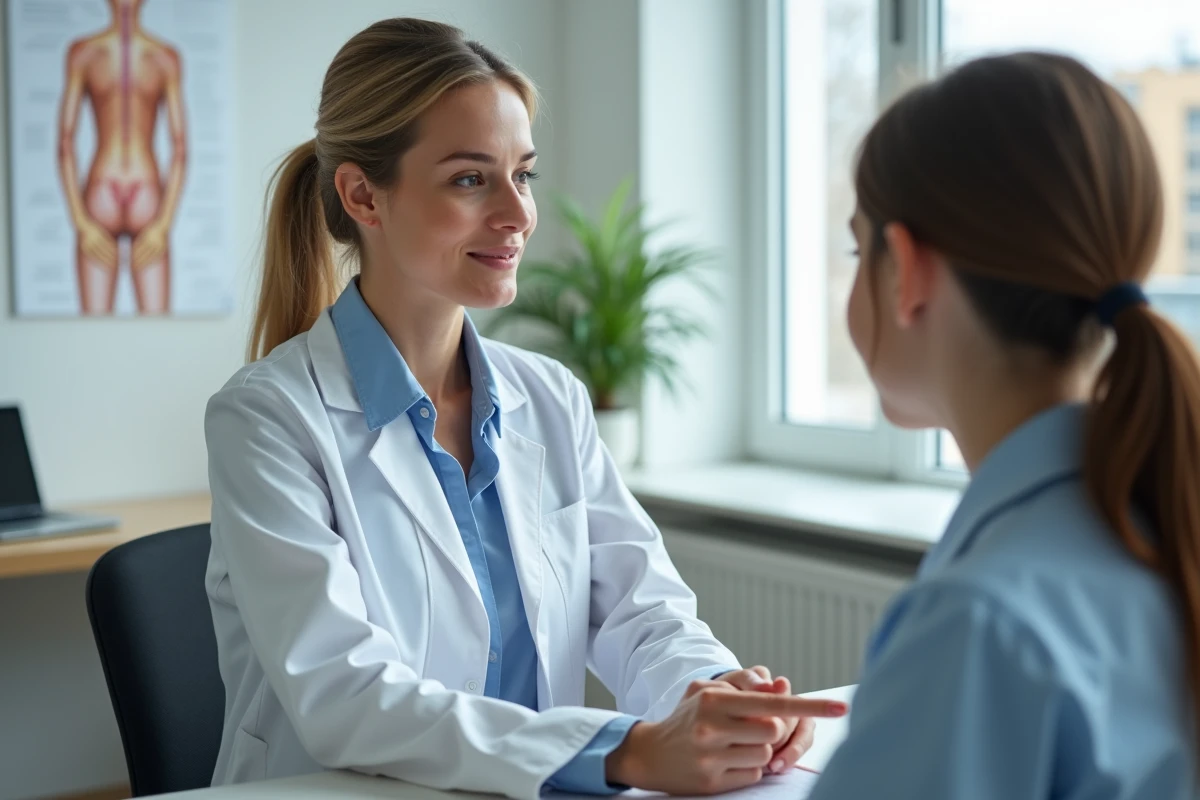 Dermatologue expliquant calmement à une adolescente comment traiter les poils incarnés et boutons dans la zone pubienne lors d'une consultation médicale