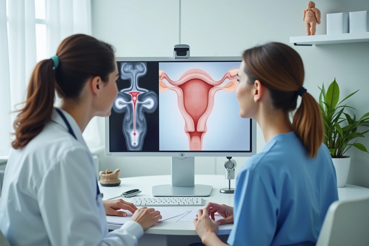 Gynécologue expliquant les résultats d'une échographie précoce à une patiente concernant un sac gestationnel vide