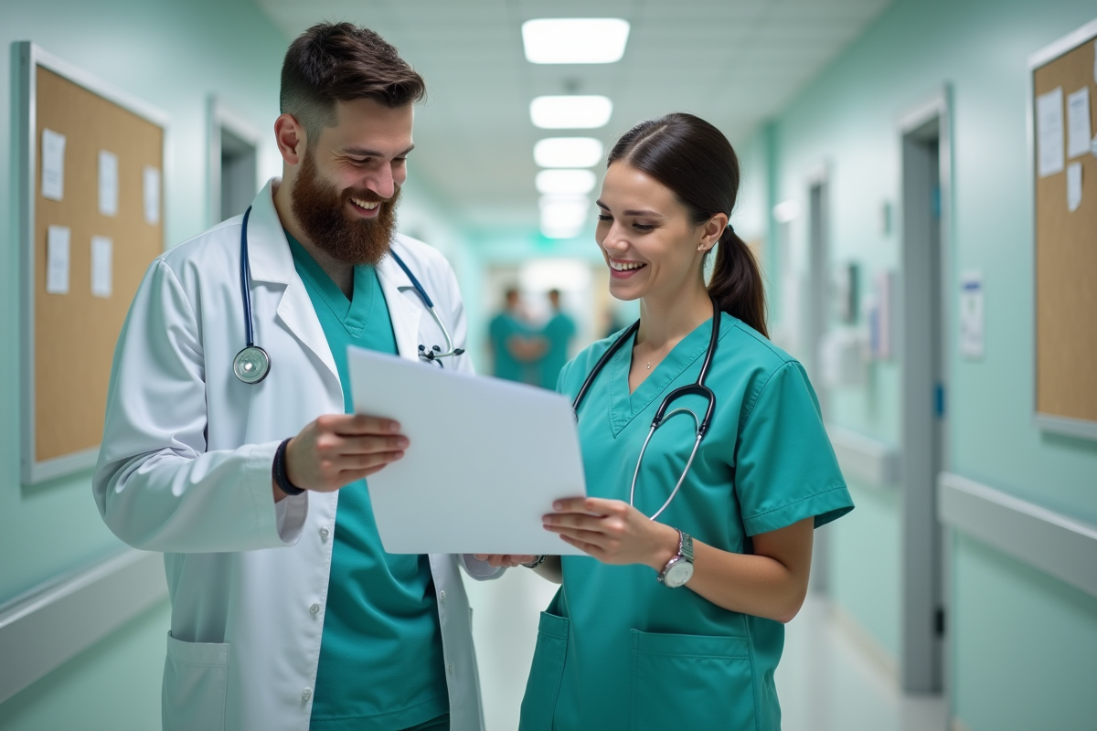Infirmière et médecin discutant avec un patient dans le couloir